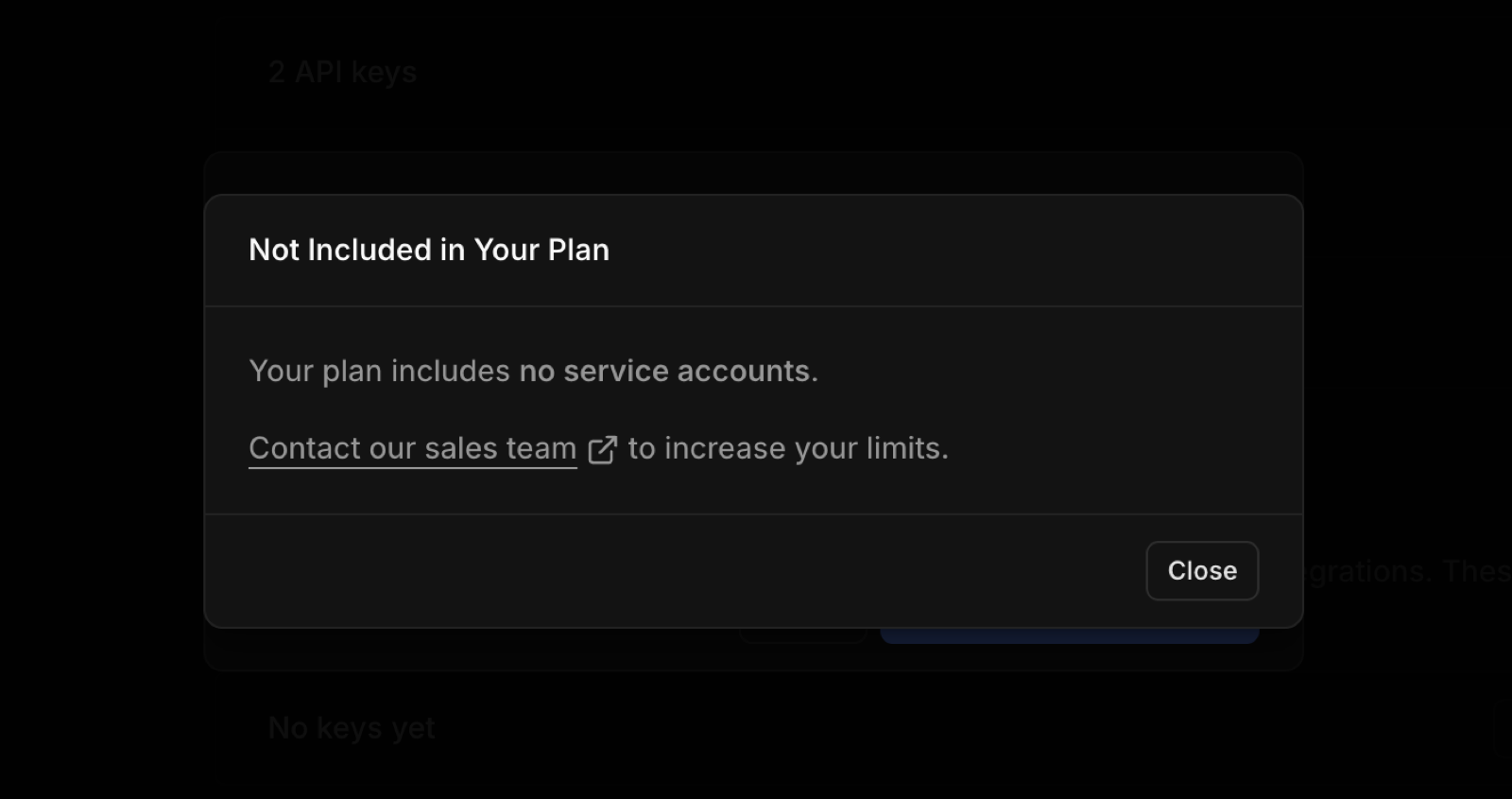 Dialog reading Not Included in Your Plan: your plan includes no service accounts, contact our sales team