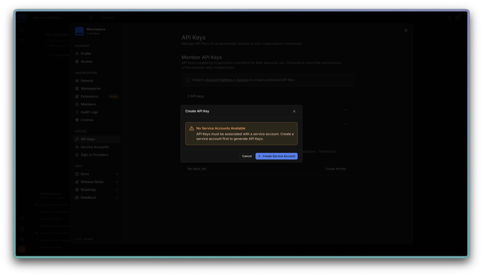 Monospace API Keys settings page with a dialog saying no service accounts are available and API keys must be associated with a service account