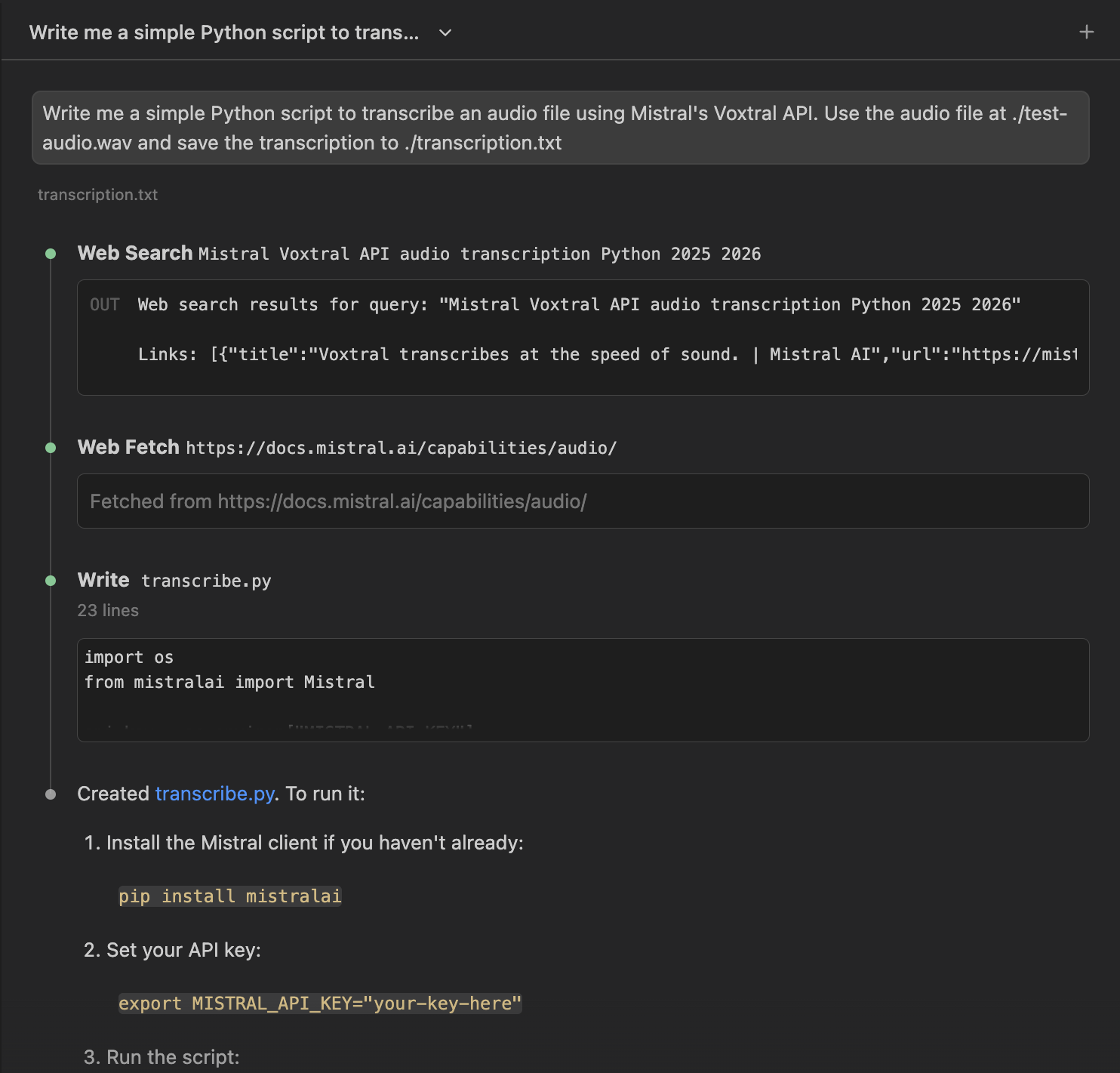 Screenshot showing Claude Code's response for OpenAI Whisper API. The code uses the OpenAI SDK with client.audio.transcriptions.create(), passing model=whisper-1 and the audio file. Clean, straightforward implementation with no errors.