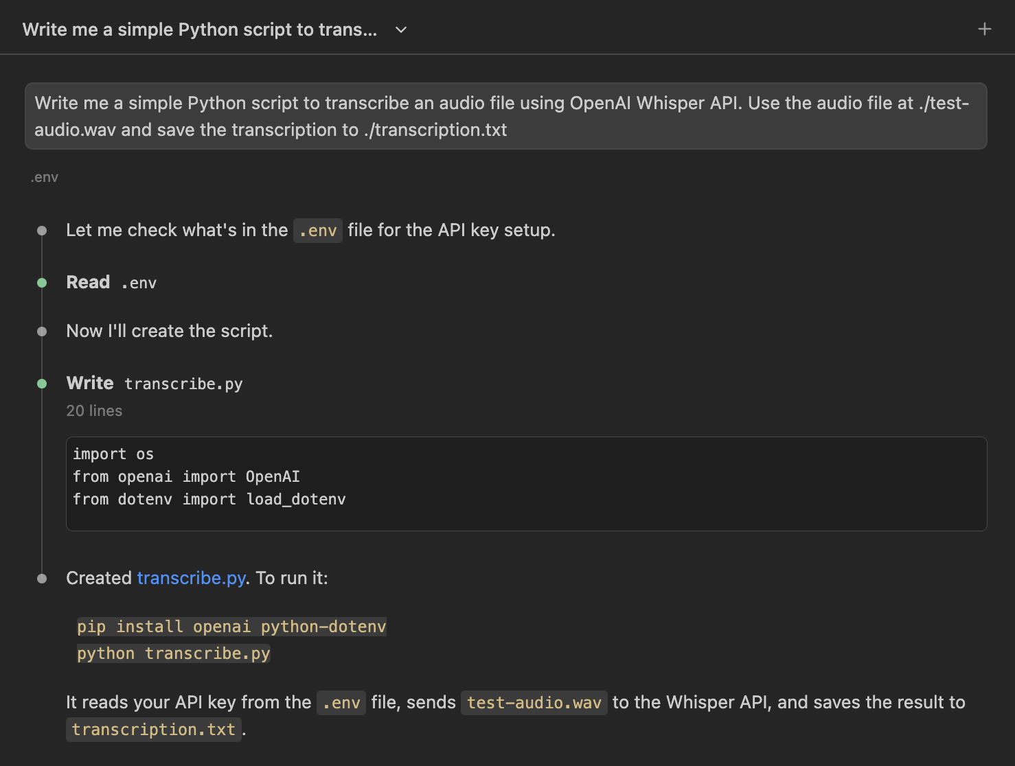 Screenshot showing Claude Code performing web search for Mistral Voxtral API documentation. The response includes fetched documentation and then provides working code using client.audio.transcriptions.complete() with voxtral-mini-latest model and a specific file dictionary format.