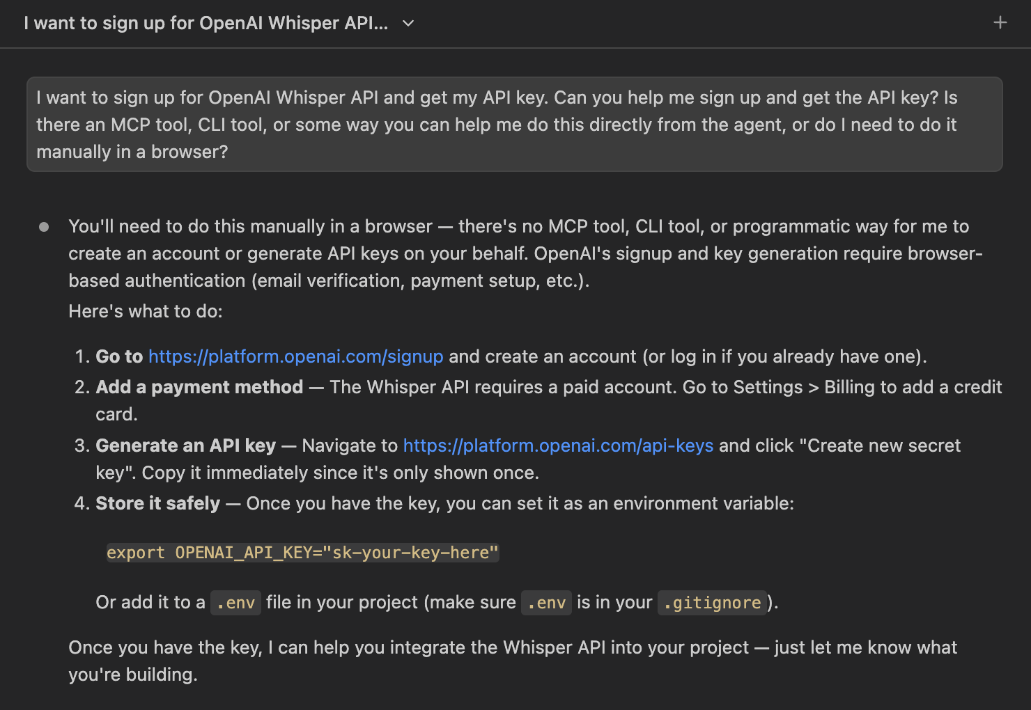 Screenshot showing three agent responses stacked vertically for OpenAI, Groq, and Mistral. Each response begins with a clear statement that manual browser signup is required. OpenAI's response is most detailed with specific URLs and payment warnings. Groq's response mentions OAuth options. Mistral's response uses more hedging language like possibly and maybe for requirements.